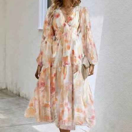 Bohemian female Long Lantern Sleeves Dress-Boho deep V printing high waist casual dress for women