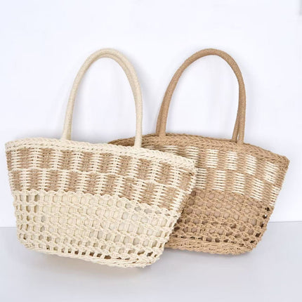 Hollow-Out Handwoven Straw Bag – Women's Commuter Shoulder Tote, Large Beach Shopper