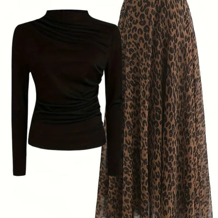 Leopard Print Skirt & Black Top Set