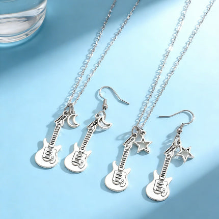 Fashion Guitar Music Instrument Necklace & Earrings Women Hip Hop Moon Star Pendant