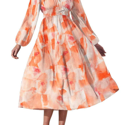 Bohemian female Long Lantern Sleeves Dress-Boho deep V printing high waist casual dress for women
