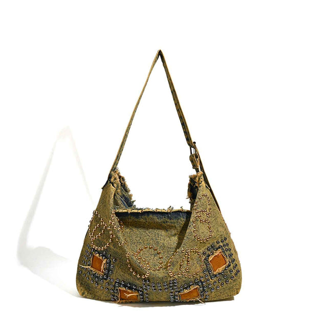 Large capacity hobo shoulder tote bag, retro denim bag, stylish crossbody bag, rivet design shoulder bag