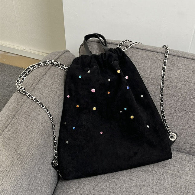 Women's bag matte suede backpack purse, splicing colored gemstone chain backpack, drawstring portable backpack - Dashing Nova