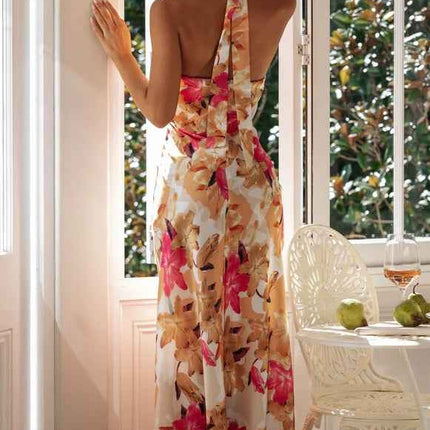 Summer Satin Dress Elegant Sleeveless Mock Neck Cocktail Party Maxi Dresses Sexy Halter Neck Floral Print Slim Casual dress