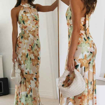 Summer Satin Dress Elegant Sleeveless Mock Neck Cocktail Party Maxi Dresses Sexy Halter Neck Floral Print Slim Casual dress
