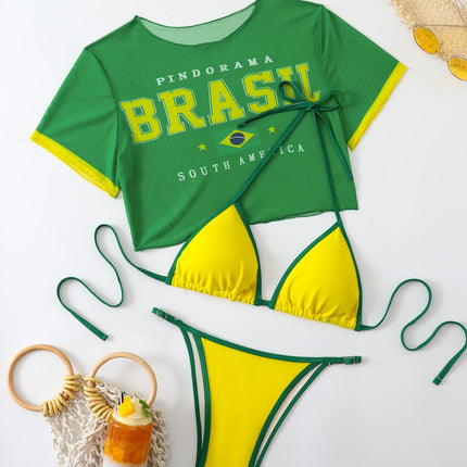 Women's Short Sleeve Slim Fit Two-Piece Swimsuit with Positioning Print Sexy Bikini Three-Piece Set