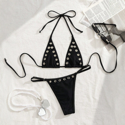 Ins Niche French Style Sexy Metal Ring Pure Desire Halterneck Retro Girl Bikini Swimsuit Set