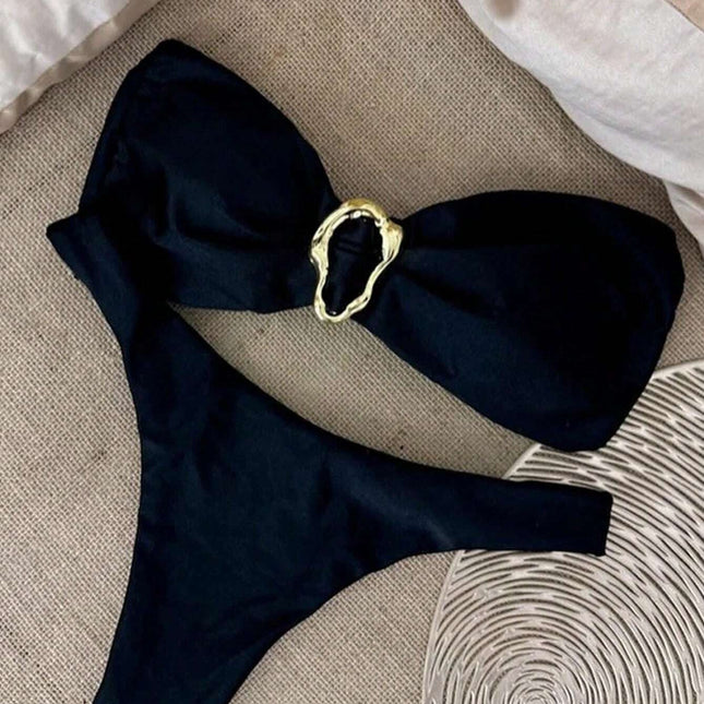 Black Bandeau Bikini Sexy Bowknot Strappy Two Piece Swimsuit Women's Hot Sale