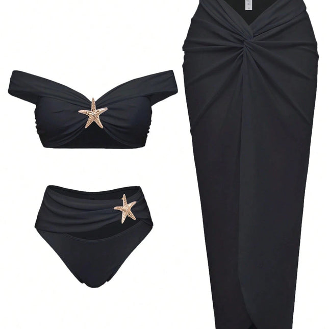 Starfish Three Piece Split Swimsuit Women's Bikini with Long Skirt