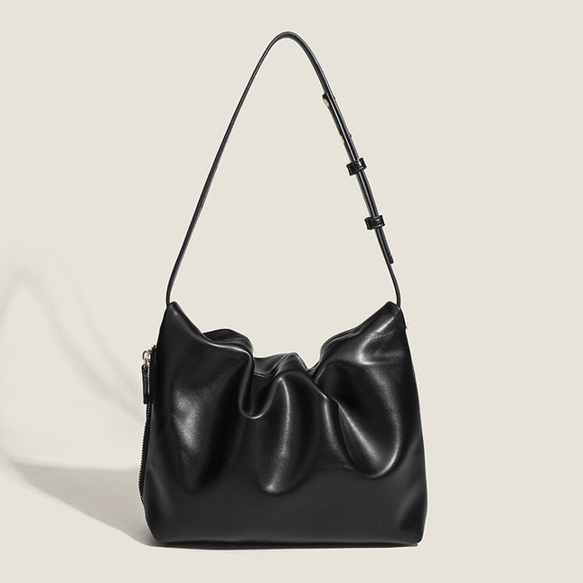 Simple soft leather pleated armpit bag, women's design side zipper solid color shoulder bag, hobo bag for women - Dashing Nova