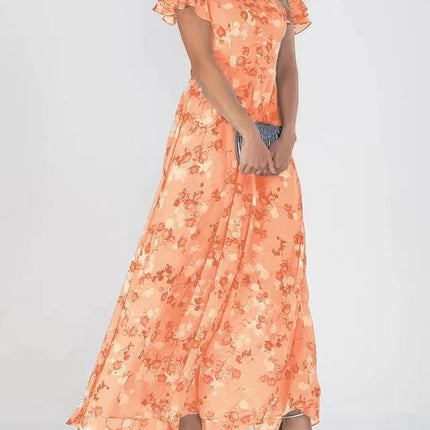 Beach Flared Maxi Dress Chiffon Floral Short Sleeve Ruffle V-Neck Fashion Waist-Defining Dress