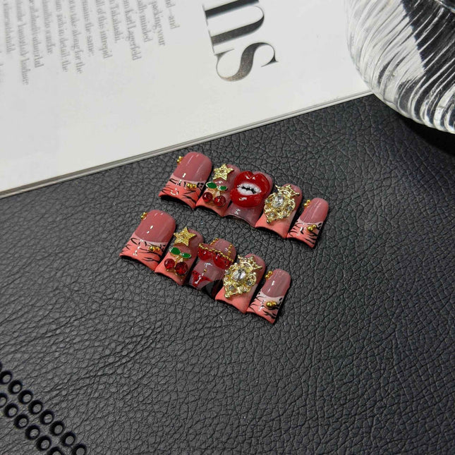 Original Sweet Cool Duck Beak Crimson Lips Cherry Handmade Press on Nails Wholesale