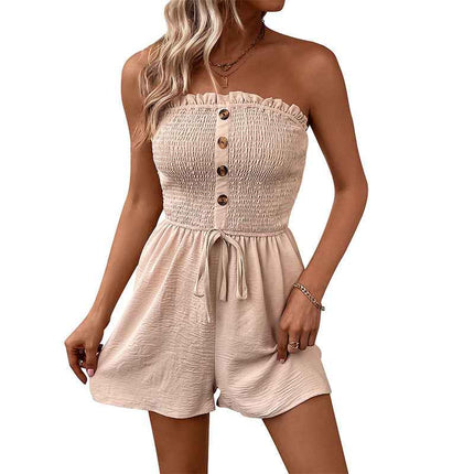 Summer Casual Vacation Solid Color Jumpsuit Design Sense Elastic Tube Top Jumpsuit Shorts Belted Wide Leg Jumpsuit With Button