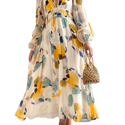 Bohemian female Long Lantern Sleeves Dress-Boho deep V printing high waist casual dress for women