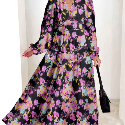 Bohemian female Long Lantern Sleeves Dress-Boho deep V printing high waist casual dress for women