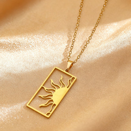 18K Gold Plated Sun Moon Hollow Geometric Square Pendant Stainless Steel Necklace
