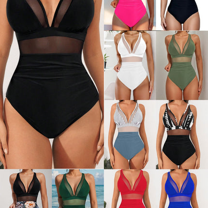 2026 Bikini solid color mesh halter sexy bikini one-piece swimsuit swimsuit
