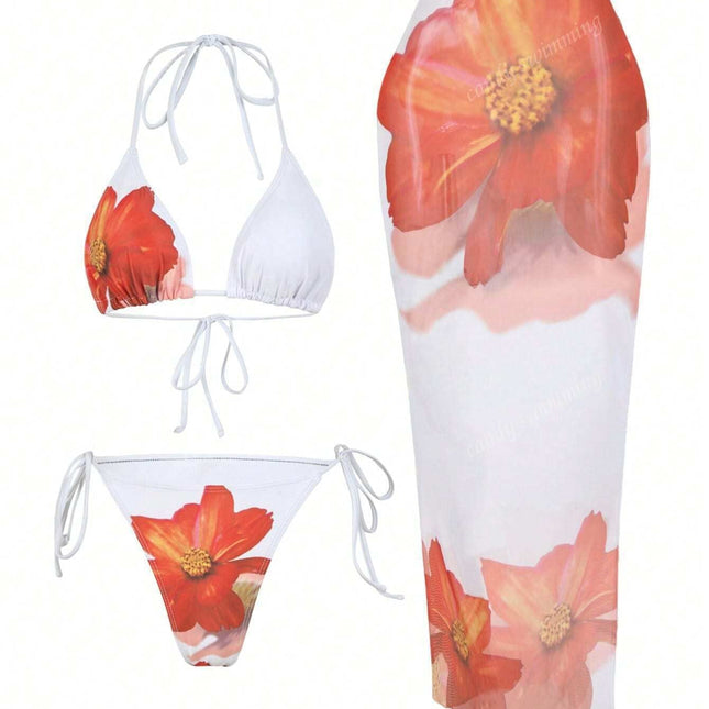 Apron Three Piece Bikini Vintage Print Long Skirt Swimsuit Women's Swimwear