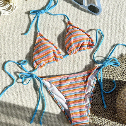 Women's Jacquard Striped Colorful Tie Side Separate Three Piece Bikini Swimsuit Set
