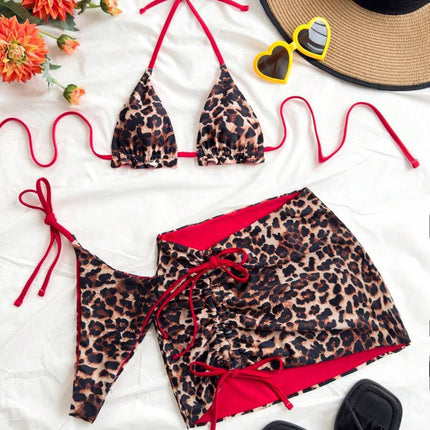 Color Block Bikini Three Piece Swimsuit Sexy Backless Skirted Bikini Swimwear for Women