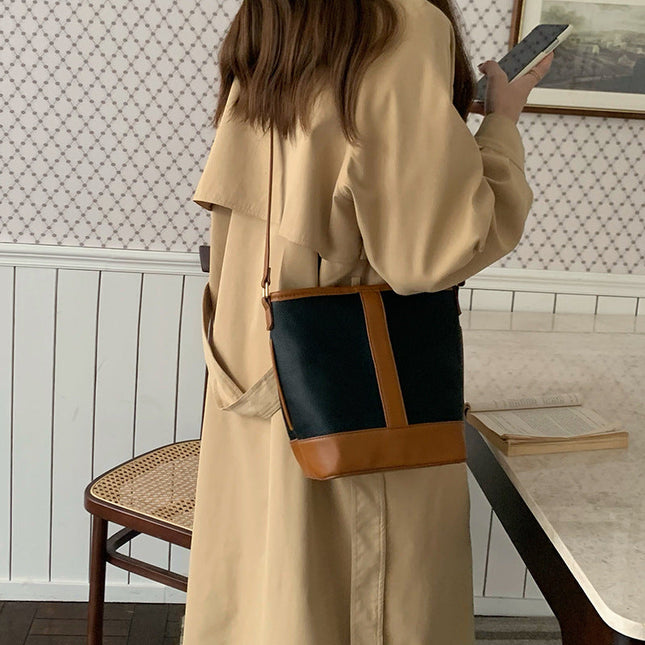 Retro Fashion Simple Texture Splicing Bucket Bag - Versatile Women's Shoulder & Crossbody Bag - Dashing Nova