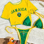 Yellow short-sleeve green bikini / XL