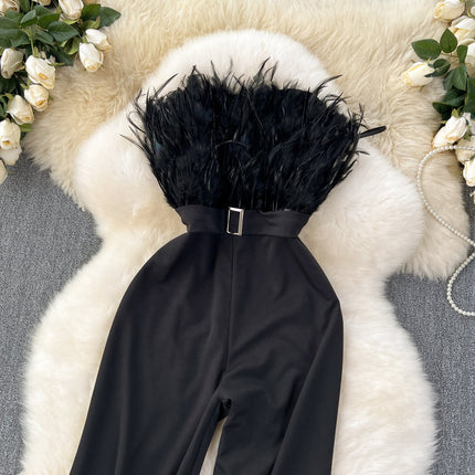 Premium Summer Gown – Socialite Style Feather Trim High-Waist Strapless Jumpsuit, Sexy Bodycon Romper