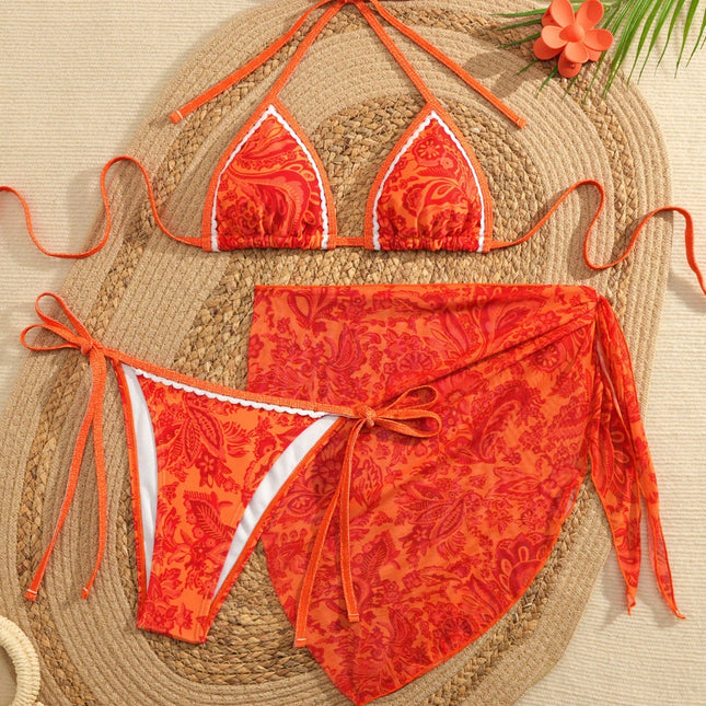Apron Three Piece Bikini Vintage Print Tie Swimsuit Women's Swimwear