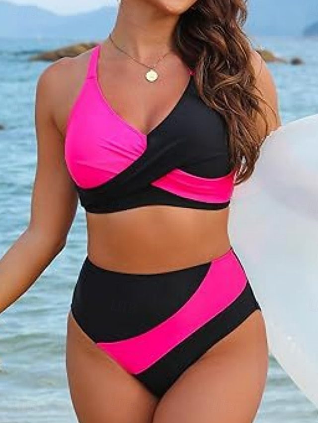 Bikini Color Block High Waist Tie Side Sexy Two Piece Swimsuit