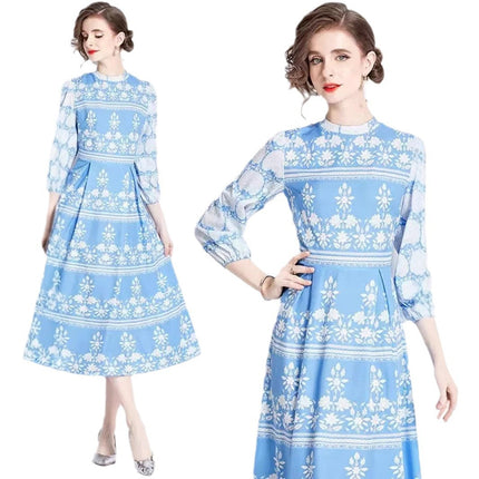 Vintage Blue Willow Print Mandarin Collar Dress - Lantern Sleeve Court Tie-Waist Flared Maxi Gown