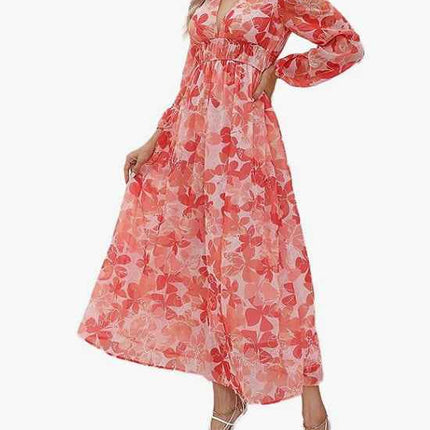 Bohemian female Long Lantern Sleeves Dress-Boho deep V printing high waist casual dress for women