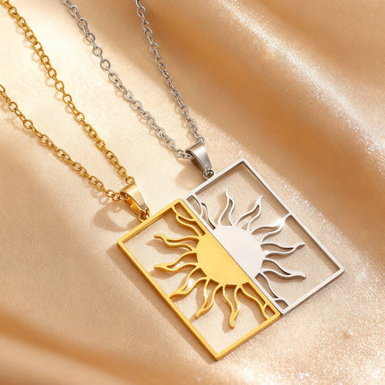 18K Gold Plated Sun Moon Hollow Geometric Square Pendant Stainless Steel Necklace