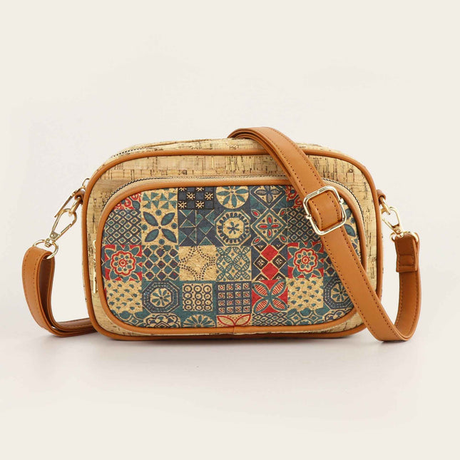 Cork pattern printed messenger bag, multi-pocket small crossbody women's bag, ethnic style contrasting color shoulder messenger bag, bohemian crossbody purse