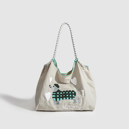 Large Capacity hobo bag with Embroidered Dog pattern, Shoulder bag Nylon, Shoulder shoulder Bag, Commuter hobo Bag Female
