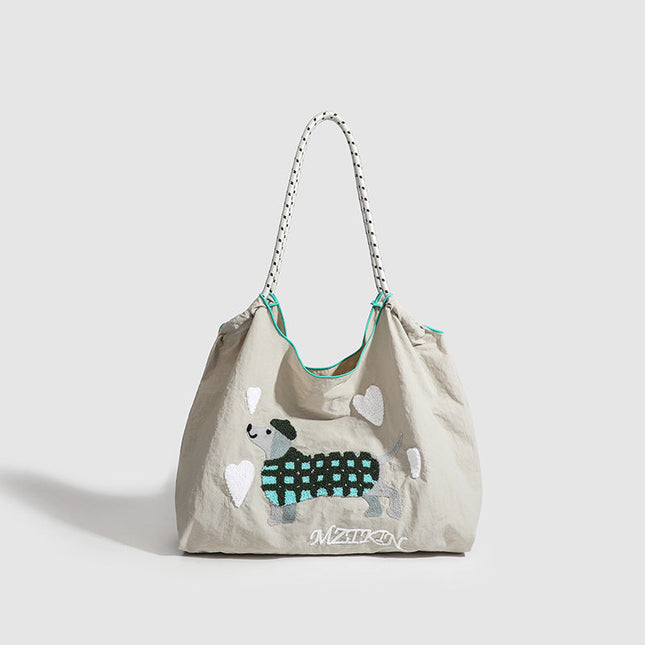 Large Capacity hobo bag with Embroidered Dog pattern, Shoulder bag Nylon, Shoulder shoulder Bag, Commuter hobo Bag Female - Dashing Nova
