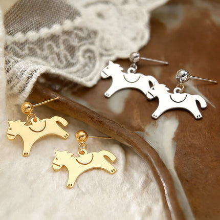 Minimalist Metal Pony Pendant Stud Earrings Vintage Elegant Luxury Zodiac Jewelry