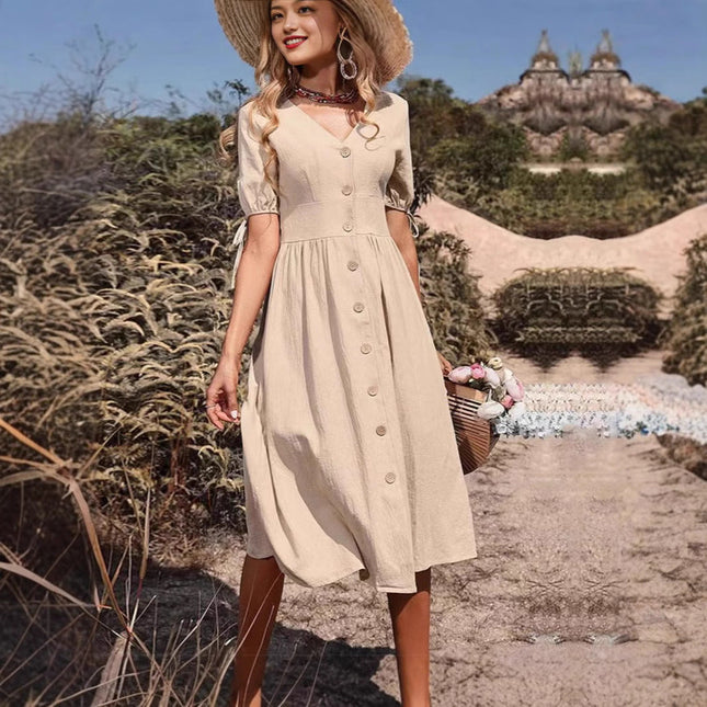Women's Summer Short Sleeve Solid V-Neck A-Line Dress – Commuter Office Midi