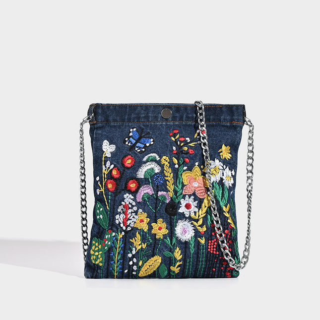 Mini embroidered denim bag, Street stylish student flower three-dimensional shoulder bag, design underarm bag - Dashing Nova