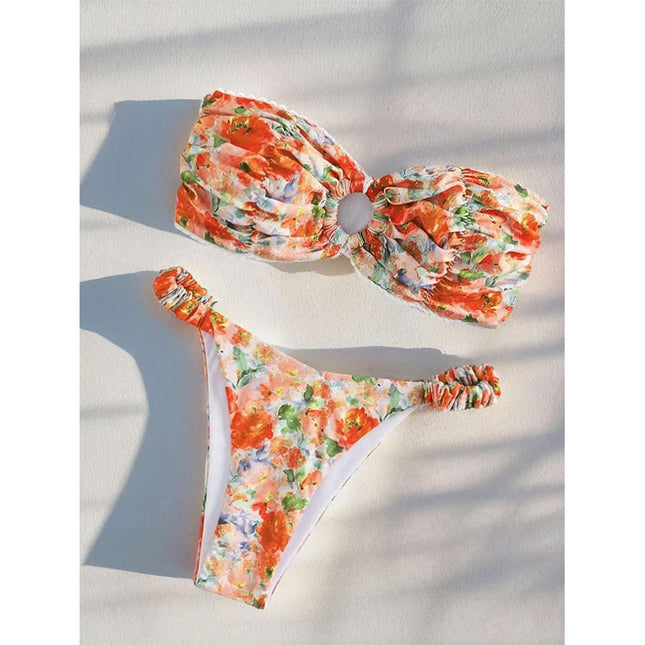 Tube Top Bikini Swimsuit Female Sexy Floral Hot Spring Resort Split Swimsuit