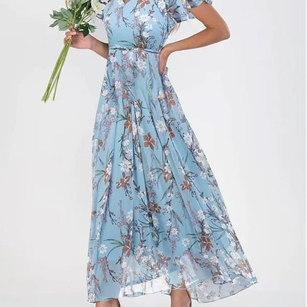 Beach Flared Maxi Dress Chiffon Floral Short Sleeve Ruffle V-Neck Fashion Waist-Defining Dress