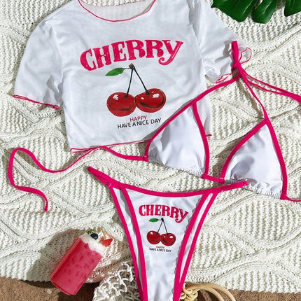 Women's Short Sleeve Slim Fit Two-Piece Swimsuit with Positioning Print Sexy Bikini Three-Piece Set