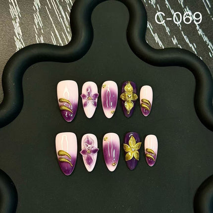 Engraved 3D Relief Fresh Personality Handmade Press on Nails Explosion