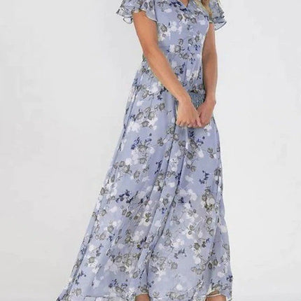 Beach Flared Maxi Dress Chiffon Floral Short Sleeve Ruffle V-Neck Fashion Waist-Defining Dress