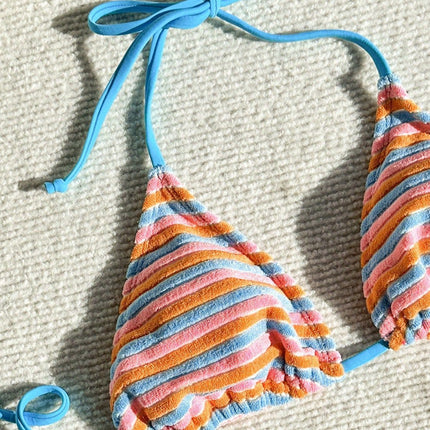 Women's Jacquard Striped Colorful Tie Side Separate Three Piece Bikini Swimsuit Set