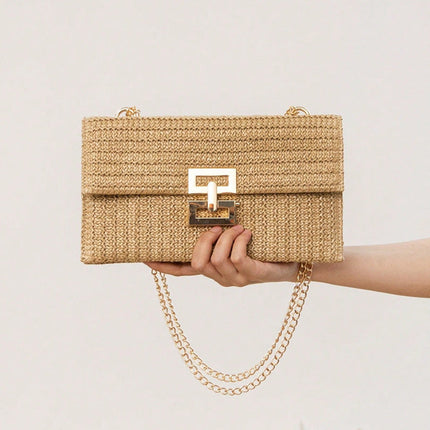 Bag ladies holiday shoulder bag, chain flip lock square purse, straw bag hobo shoulder bag women
