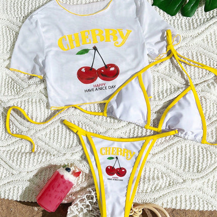 Women's Short Sleeve Slim Fit Two-Piece Swimsuit with Positioning Print Sexy Bikini Three-Piece Set