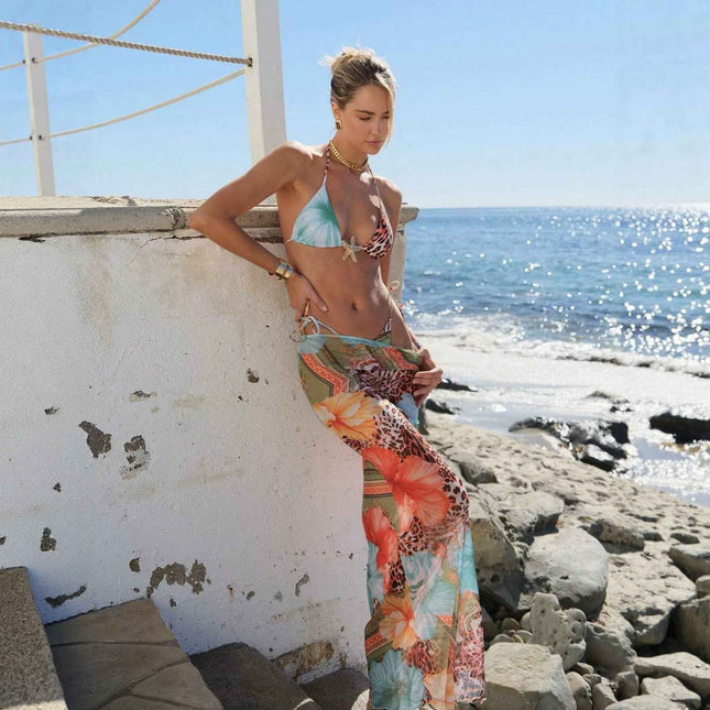 Printed Triangle Cup Sexy Quick Dry Cover Up Long Dress Bikini Three Piece Swimsuit for Women