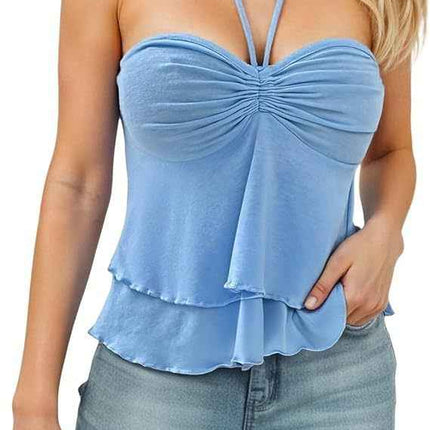 Sexy Lace Up Cross Sling Off-Shoulder Halter Pleated Ruffle Edge Solid Color Tube Top Drawstring Bust Tie Backless Halter Top