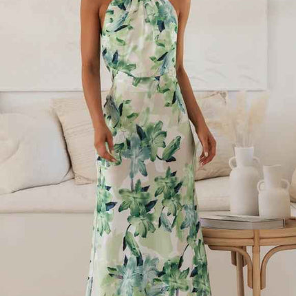 Summer Satin Dress Elegant Sleeveless Mock Neck Cocktail Party Maxi Dresses Sexy Halter Neck Floral Print Slim Casual dress