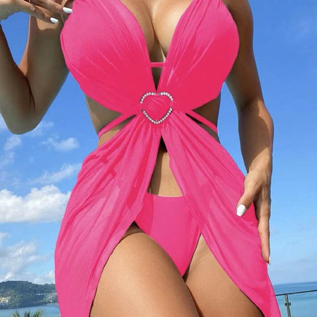Solid Color Hollow Out Halter Bikini Three Pieces Swimsuit Women's Bikini Swimwear